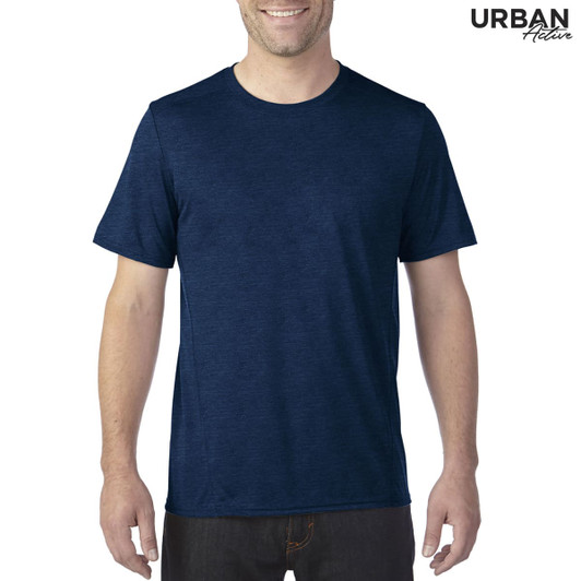 A navy blue adult performance tech tee with short sleeves and a branding logo.