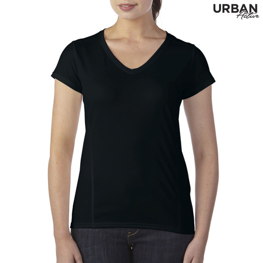 A black ladies' tee with a V-neck and short sleeves, featuring a logo.