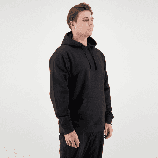 A black hoodie featuring a front pocket and an adjustable drawstring hood. The model stands facing forward.