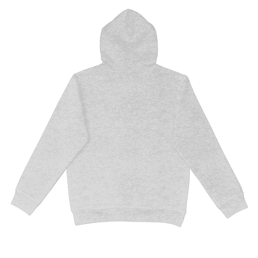 A grey hoodie with a drawstring hood and a kangaroo pocket at the front. The back is plain and features a logo.