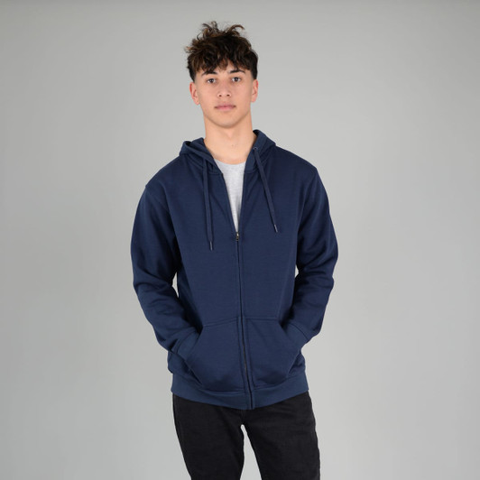 A navy zip hoodie with a front pocket and drawstring hood, worn by a young man against a neutral background.