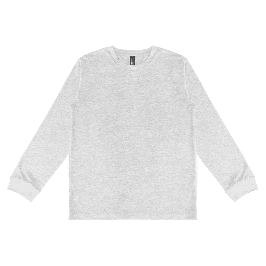 A light grey adult long sleeve tee with a round neckline and a minimal design. It has a logo on the label.