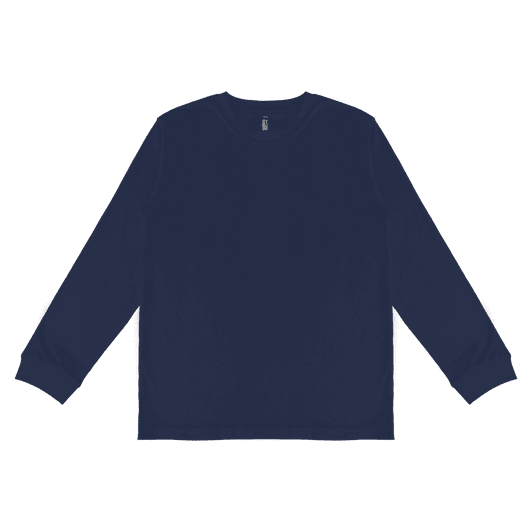 A navy long sleeve tee with a round neckline and ribbed cuffs, featuring a logo on the inside tag.