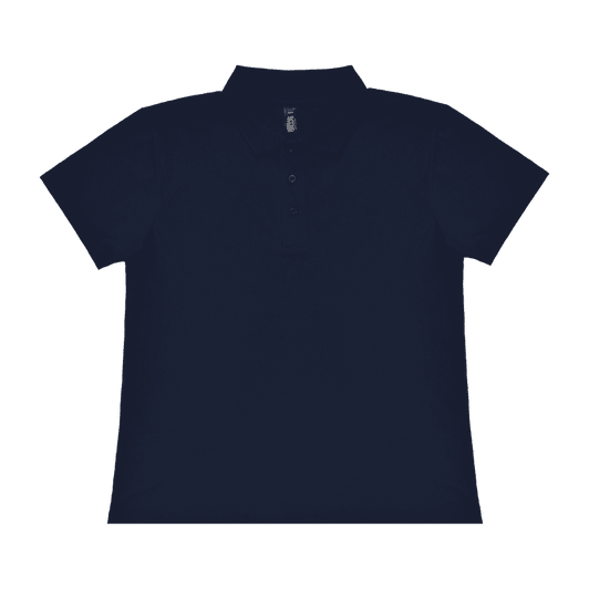 A navy blue ladies' polo shirt with a classic collar, featuring a logo on the front.