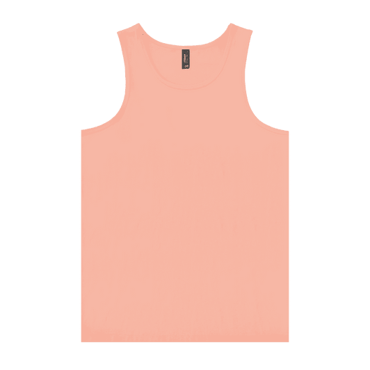 A peach-coloured adult singlet with a simple design and a logo at the neck.