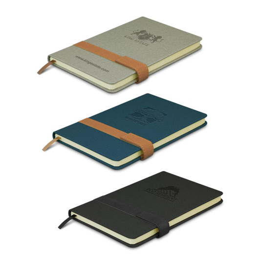 A set of three notebooks in grey, teal, and black, each featuring a logo and an elastic band closure.