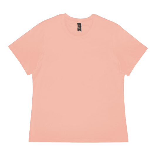 A pink ladies' T-shirt with short sleeves and a simple design, featuring a logo.