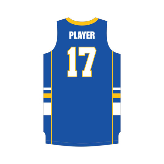 A blue basketball singlet featuring a yellow neckline, stripes, and the number 17. Includes a logo on the front.