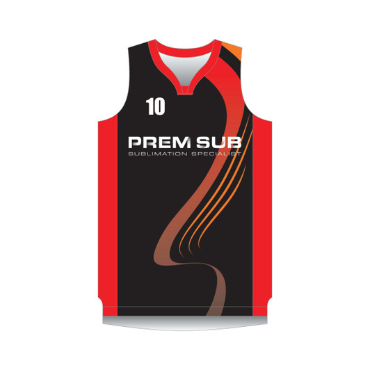 A black basketball singlet featuring red accents and a branding logo. The design includes a number '10'.