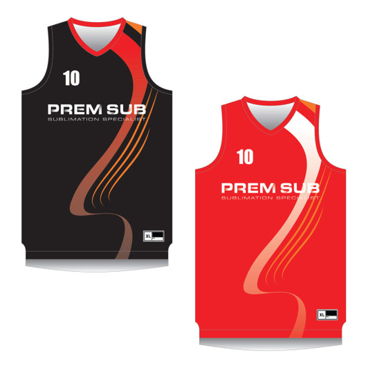 A reversible basketball singlet in black with red accents and a red version with black accents, featuring a logo.