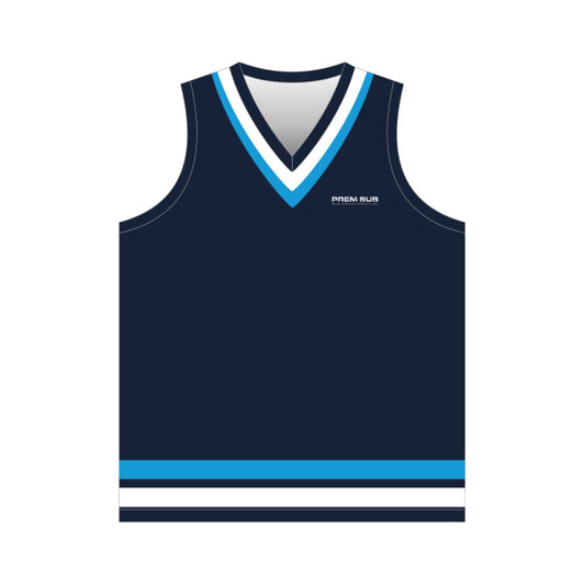 A navy cricket jersey vest with a blue and white striped design and a logo on the front.
