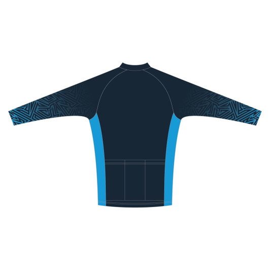 A long sleeve cycling jersey in navy blue with turquoise accents and patterned sleeves, featuring a branding logo.