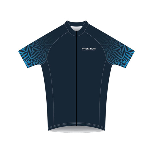 A short sleeve cycling jersey in dark blue with a patterned design and logo on the front.