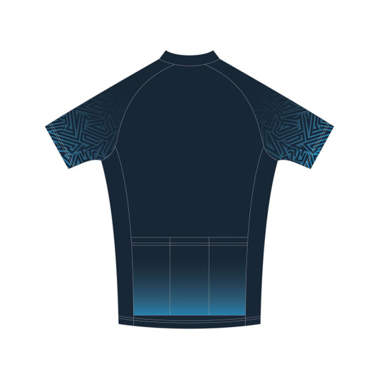 A short sleeve cycling jersey in dark blue, featuring a patterned design on the sleeves and a rear pocket section.
