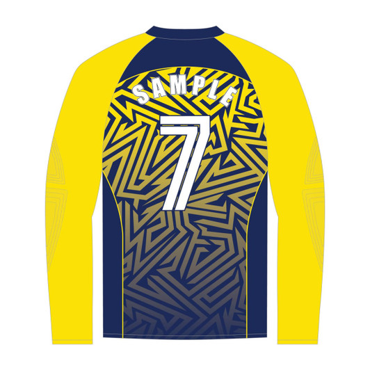 A long-sleeved football jersey in navy blue and bright yellow with a geometric design and a sample logo.