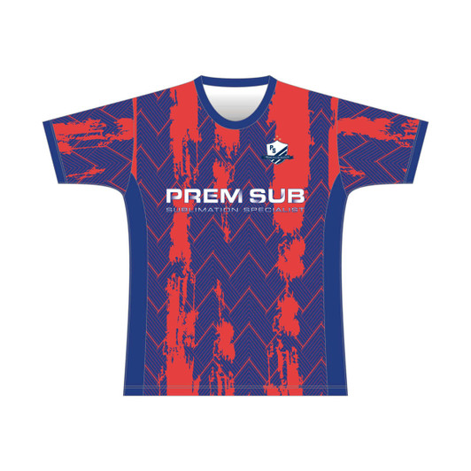 A football jersey featuring a blue and red design with a logo. The jersey has a standard sleeve cut and textured patterns.