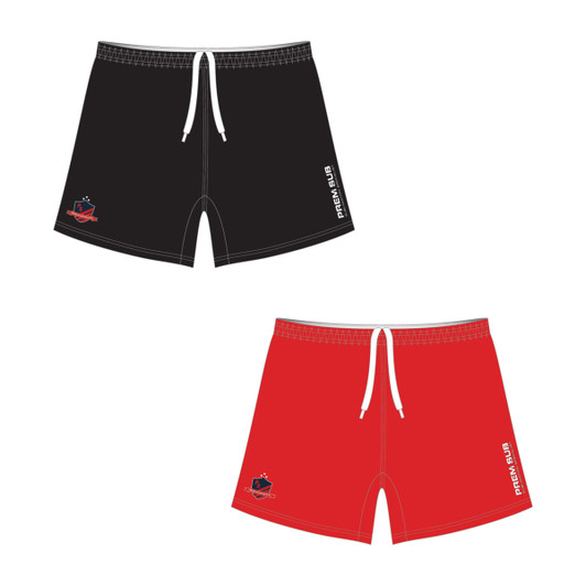 Reversible football shorts in black and red, featuring a logo on the side and a drawstring waist.