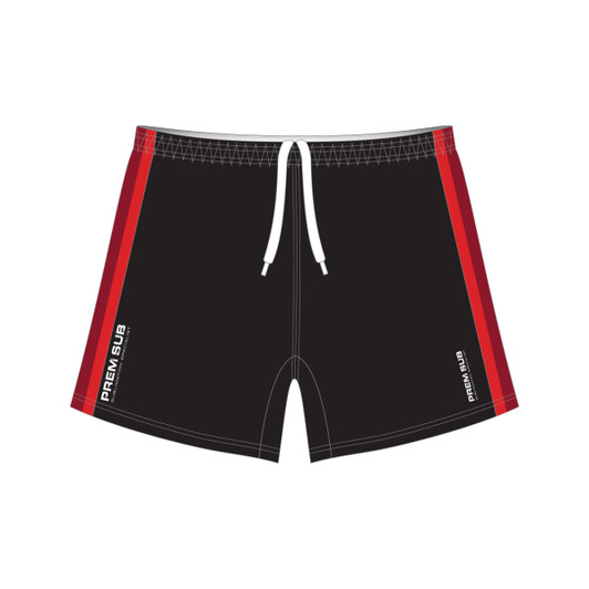 Black sports shorts with red side stripes and a drawstring, featuring a logo on the side.