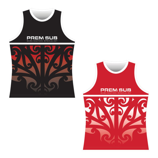 A reversible hockey singlet featuring a black design with intricate patterns on one side and a red design on the other, with a logo.