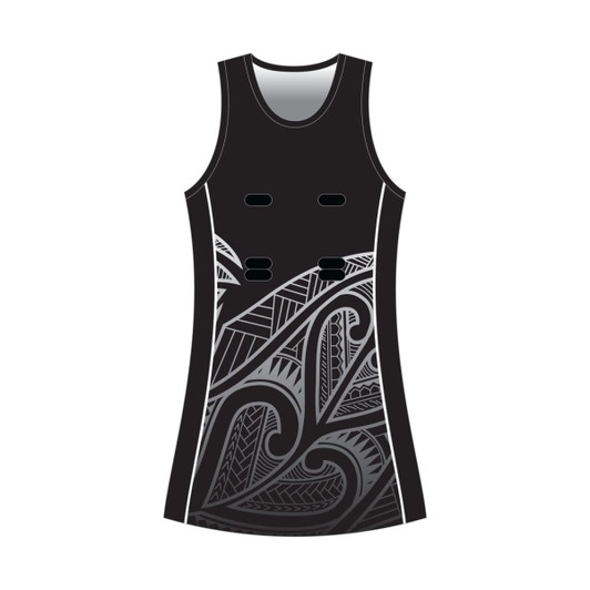 A black racerback netball dress featuring a patterned design in grey tones and includes logo branding.