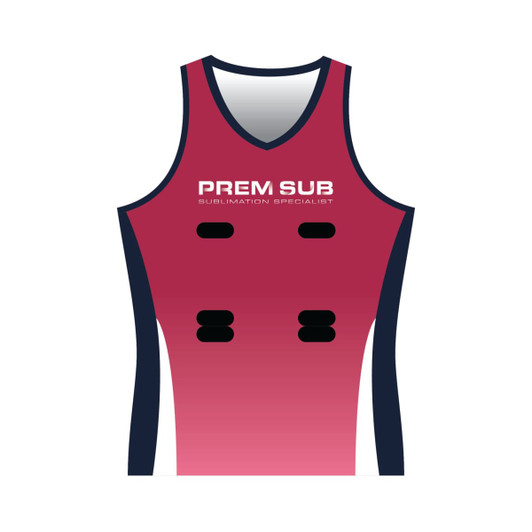 A netball singlet in a gradient of maroon and navy, featuring a logo and a sleeveless design.