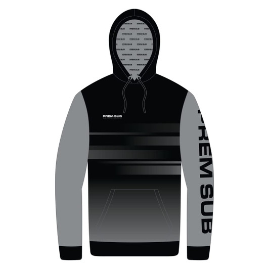 A pullover hoodie in black and grey, featuring a logo and a lined hood design.