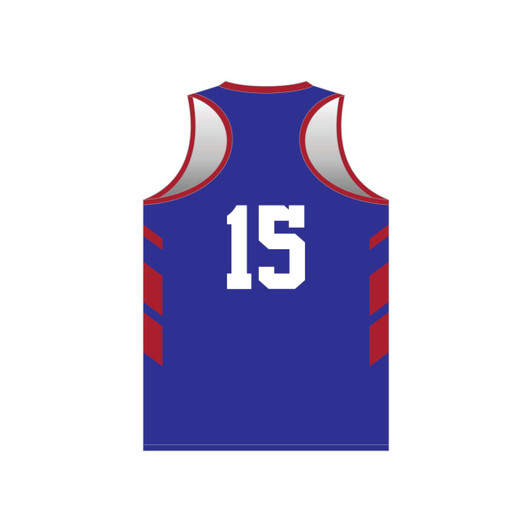 A blue racerback singlet featuring red accents and the number 15. It has a logo on the design.