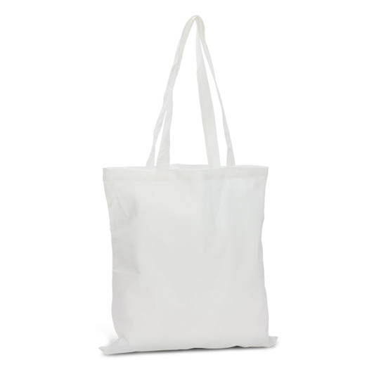 A white bamboo tote bag with long handles and a simple design, featuring a logo.