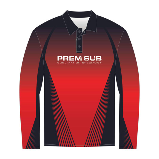 A long sleeve polo shirt in red and black with a logo, featuring a gradient design and side stripes.