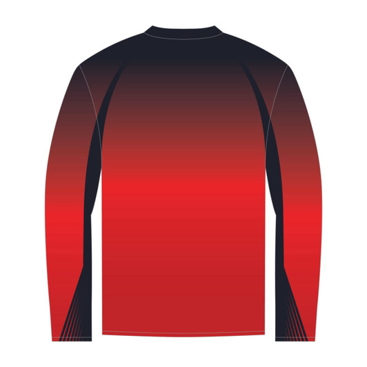 A long sleeve polo shirt featuring a gradient design in red and black with a logo.
