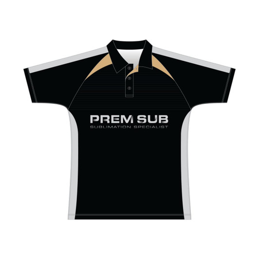 A black polo shirt featuring a logo, with grey and gold detailing. It has a classic collar and short sleeves.