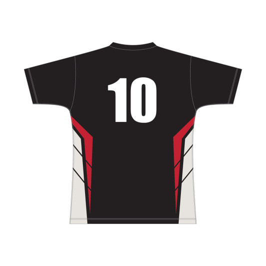 A black off-field T-shirt with red and white design elements and the number 10 on the back.