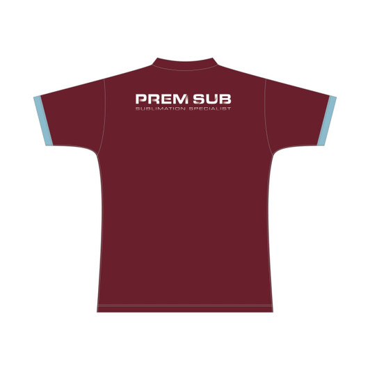 A maroon polo shirt with light blue sleeves, featuring a logo on the back.