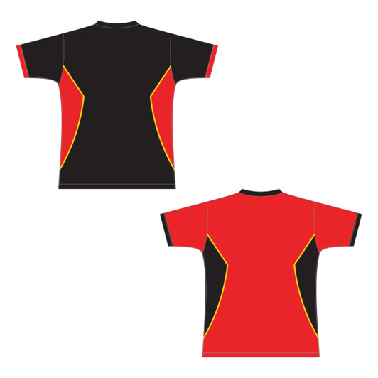 A reversible sports T-shirt set featuring black and red colours with yellow accents and a logo on one side.