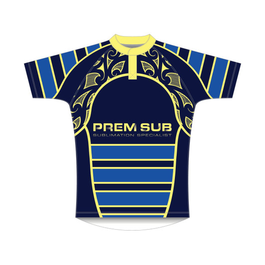 A navy and yellow rugby jersey with a tapered fit, featuring a graphic design and a logo.
