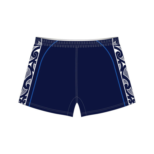 Navy rugby shorts featuring intricate white tribal patterns on the sides, complete with an elastic waistband and stitching details.