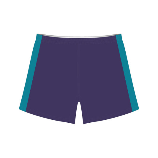 Sports shorts in dark purple with teal side panels, featuring a logo on the front.