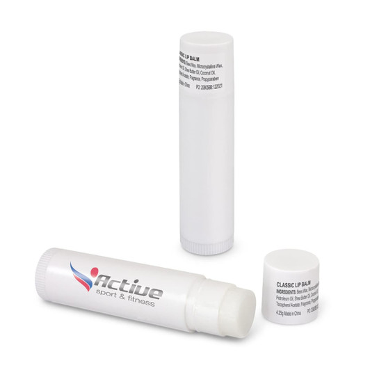 A white tube of Classic Lip Balm, featuring a logo, with a removable cap and a second tube behind it.