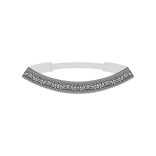A decorative headband featuring intricate black patterns on a silver background, showcasing traditional kapa haka design.