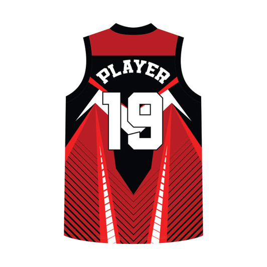 A red and black AFL singlet featuring a bold design, with a player number and logo.