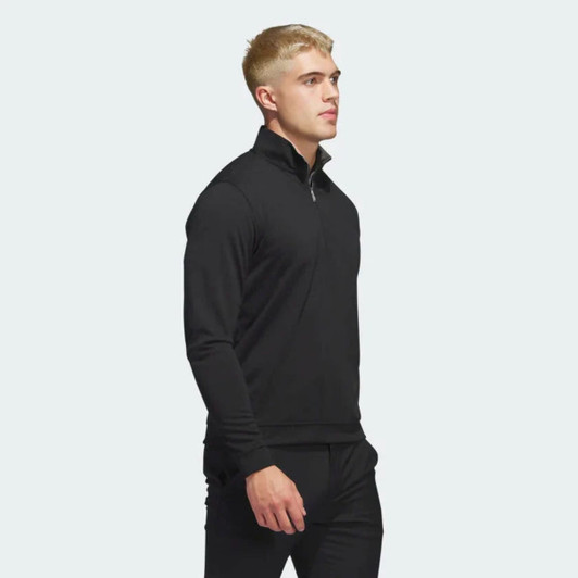 A black quarter zip pullover featuring a stand-up collar, designed for men's casual wear.