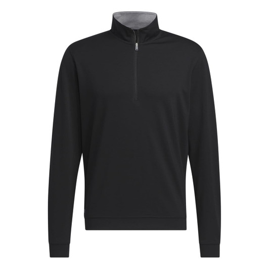 A black quarter zip pullover jumper with a grey interior collar and a logo.