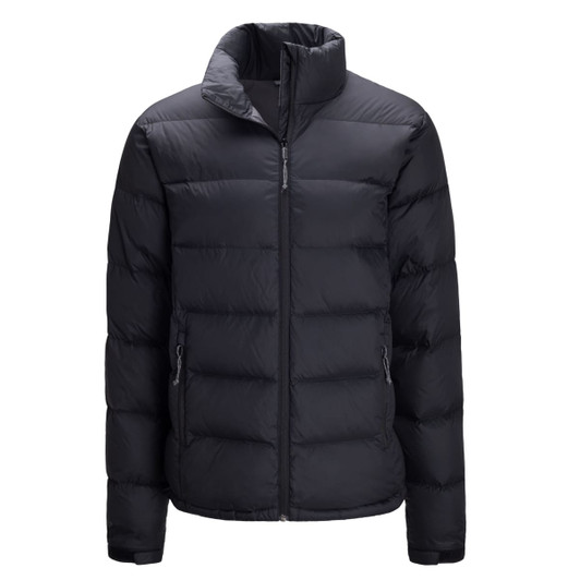 A black puffer jacket with a high collar and zippered pockets, featuring a logo on the front.
