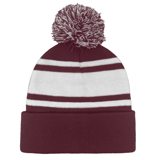 A cuffed knitted pom pom beanie in maroon and white with a striped design. Features a topped pom pom and branding.