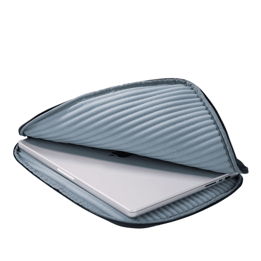 A laptop sleeve in black with a textured interior, featuring a padded compartment for secure storage of a laptop.