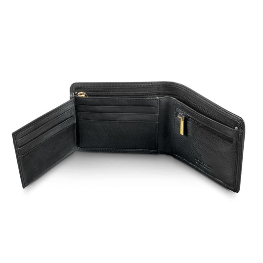 A black Pierre Cardin leather wallet with multiple card slots and a zippered compartment. The interior is spacious and organised.
