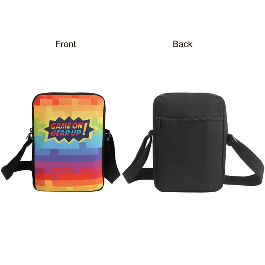 A colourful cross body bag featuring a vibrant rainbow design on the front and a plain black back. It has a logo.