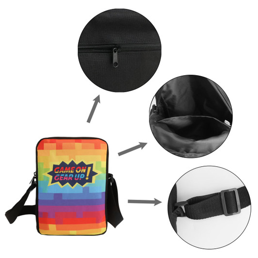 A colourful sublimation cross body bag featuring a zipper, inner compartment, and adjustable strap with a logo.