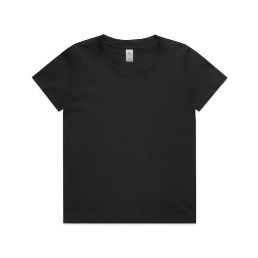 A black youth staple tee with a crew neck and short sleeves, featuring a label at the neckline.