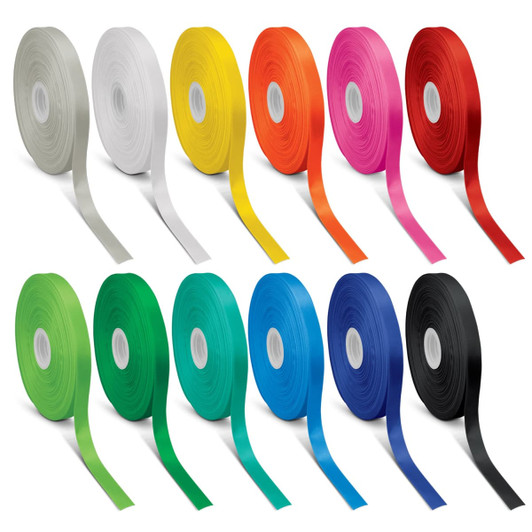 A selection of 15mm personalised ribbon in white, silver, yellow, orange, pink, red, green, blue, and black. Each roll features a logo.